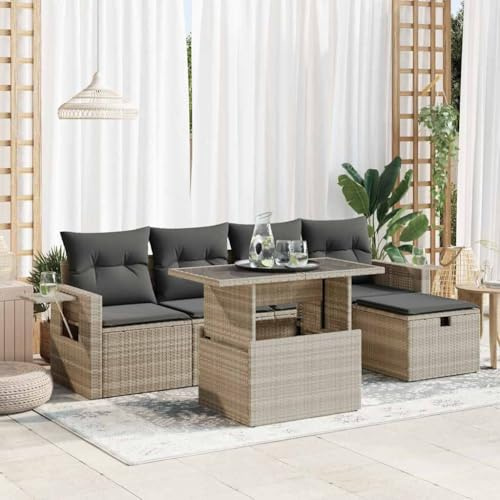 Qnhdfrt Set di 6 divani da giardino, in rattan sintetico, con cuscino, spazio di archiviazione e tavolo pieghevole, per terrazza, giardino e balcone