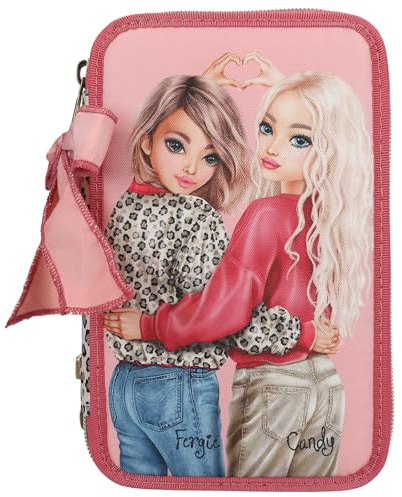 Depesche 13639 TOPModel Leoheart - Estuche de 3 Compartimentos en Rosa y Rojo, con Motivo de Modelo y Estampado Leo, Estuche con lápices de Colores, Tijeras, Regla y Mucho más.