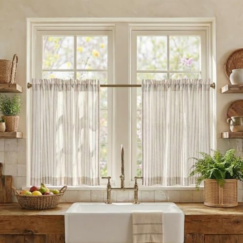 PONY DANCE Tende per Interni a Vetro Finestra Tende a Vetro Semitrasparente a Righe Beige Stile Fattoria Ideale per Cucina e Bagno 2 Pezzi L 60 x A 45 cm