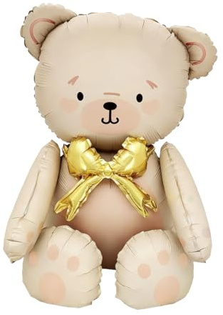 YUVKIN Globo de aluminio XXL de oso cumpleaños y shower, decoraciones, suministros de fiesta, color crema con lazo dorado, relleno de aire, de pie