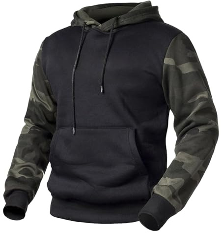 Herrtröja i militärstil, taktisk fleecehuva, kontrastfärgad långärmad topp, svart, extra stor