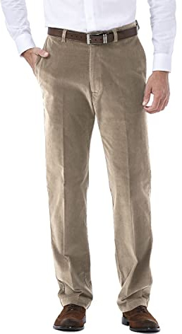 Haggar Men's Stretch Corduroy Expandable Waist Classic Fit Pant, Khaki, 32Wx32L