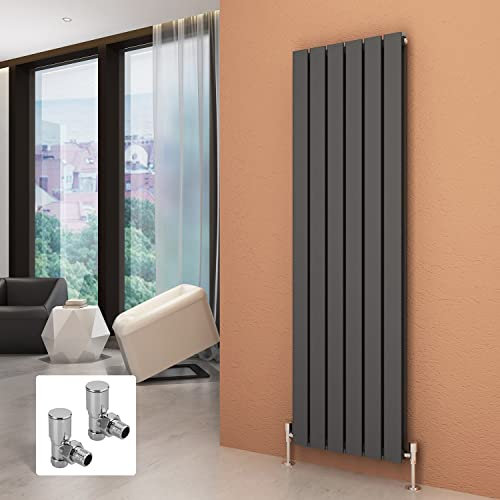 ELEGANT Vertical Radiator Double Anthracite Flat Panel 1600 x 452 mm Designer Vertical Radiators with Angled Radiator Valves