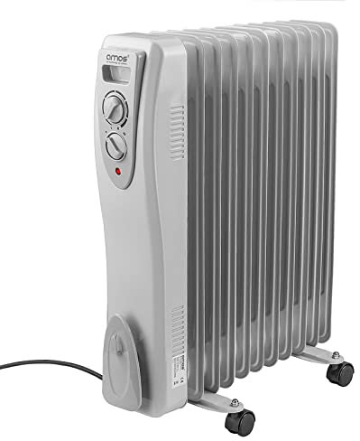 AMOS 2500W Electric Oil Filled Radiator Heater 11-Fin Portable Thermostat Heating Appliance with 3 Heat Settings, Safety Shut Off, and Power Indicator Light