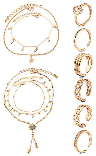 JFORYOU Set di cavigliere e Anelli per Le Donne Catena a Strati Cavigliere Anelli per Le Dita dei Piedi Bracciali per Le Caviglie Anelli per Le Dita dei Piedi Aperti e Regolabili Gioielli