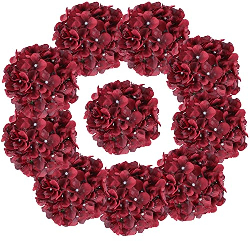 AVIVIHO Konstgjorda Hortensiablommor, vinröda blommor, paket med 10 fylliga hortensior, silkesblommor med stjälkar, för bröllopsdekor, hemmafest, butik, babyshower, dekoration