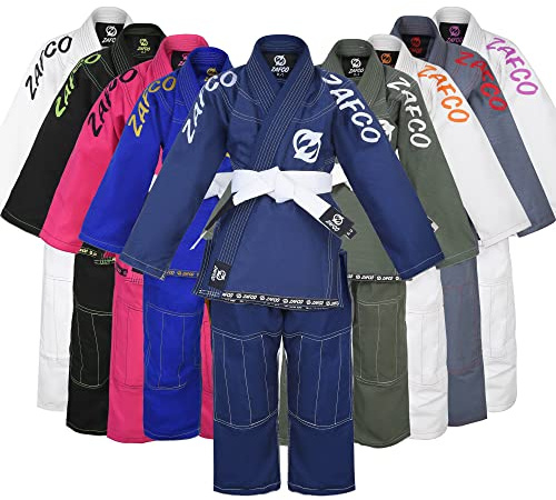 Zafco Sports Brazilian Jiu Jitsu, Kids Jiu Jitsu Gi Children BJJ Gi Grappling Kimonos Lightweight White Belt, Navy, K000