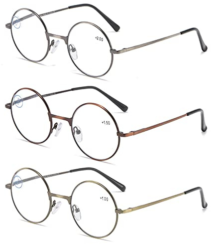 KoKoBin Lot de 3 paires de lunettes de lecture avec cadre rond - Lunettes de lecture - Bloque la lumière bleue - Cadre complet en métal - Lunettes rétro pour homme et femme (lot de 3, 3.00, diopters)