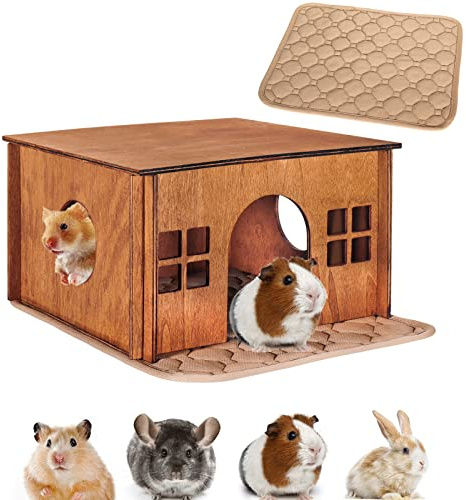 Wooden Guinea Pig Hideout, Small Animal Houses Habitats, Large Hideout House for Small Rabbit Chinchilla Gerbil, Sturdy Hamster Hideout Bed Hutch Bunny Cage