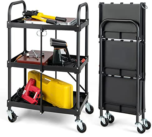 TANGZON 3-Tier Folding Tool Cart, Rolling Utility Service Cart with Lockable Universal Wheels, Handles & 12 Tool Grooves, Heavy-duty Steel Mobile Storage Trolley for Garage Warehouse Workshop Office