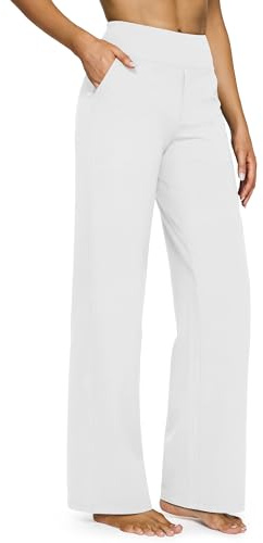 G4Free Yoga Pants with Pockets Wide Leg Trousers for Women UK Dress Ladies Stretch Work Trousers Casual Joggers White,S