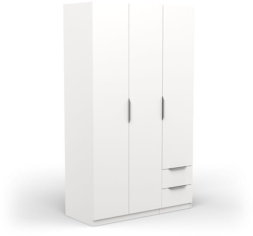 Demeyere Armoire Dressing Avec Penderie Moderne 3 Portes 2 Tiroirs 4 Niches – Coloris Blanc Mat - 119,4 x 51,1 x 203 cm