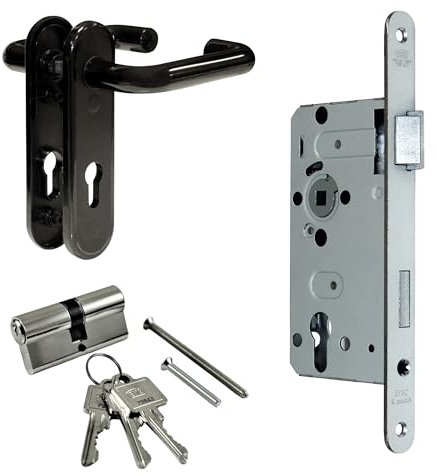 BKS Zimmertür/Wohnungstür/Kellertür Komplett Set, Schild Beschlag U-Form (beidseitig Drücker) + PZ Schloss + Profilzylinder (DIN RECHTS)