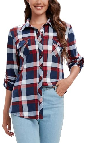 Timuspo Chemisier à carreaux pour femme, à manches longues, avec boutonnage, pour Oktoberfest, chemisier à col en V, décontracté, tunique, haut, flanelle, bleu marine, S