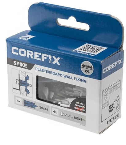 Corefix Spike kraftiga fästen för gipsskivor 4-pack, gör-det-själv-kit med M5 x 60 mm skruvar. Lätt att installera utan borr krävs. Gipsankare, väggplugg alternativ lämplig för alla typer av