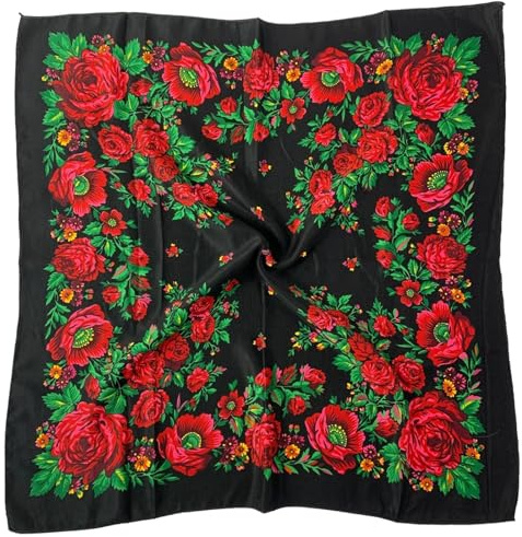 Hasdnker Foulard Echarpe Écharpe Châle 70 * 70Cm Foulard Russe Imprimé Floral De Luxe Femmes Fleur Imprimé Carré Bandana Bandeau Ukrainien Châle Mouchoir Enveloppements De Tête Noir