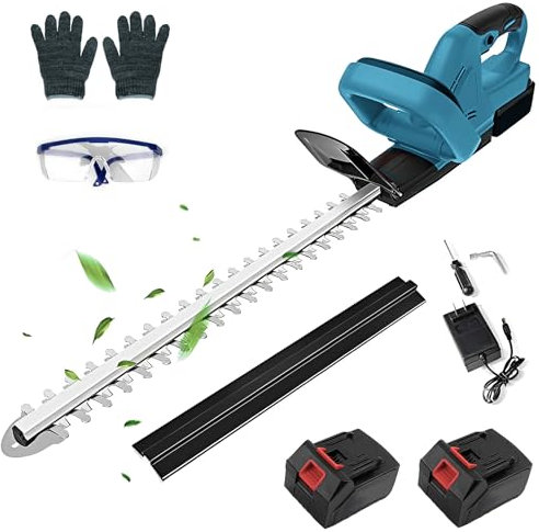 Tamaño setos eléctrico, tamaño seto batería de 21 V, 20 pulgadas, tamaño seto inalámbrico con batería y cargador, espaciado dental de 15 mm, tamaño seto para jardín, césped, arbustos (2 baterías)