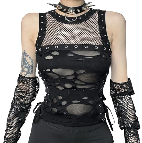 SEAUR Gothic Top Damen Sexy Y2k Crop Tank Top Punk Cami Oberteil Club Party Grunge Streetwear Emo Outfit Schwarz - L