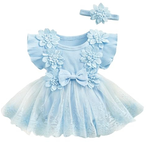 AIEOE Robe Bebe Fille d'été sans Manches Robe Bapteme Fille Robe Fille Anniversaire Vêtements Bébé Fille Bleu 0-3 Mois