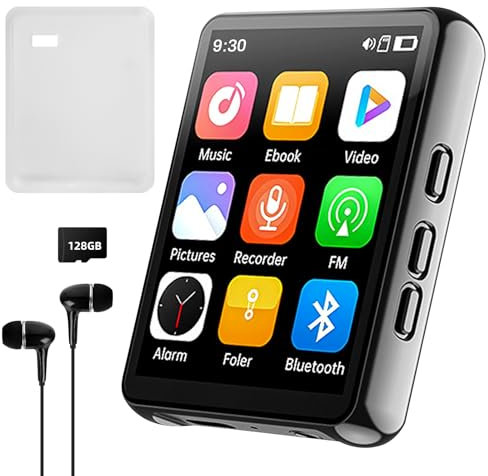 Cetoon Reproductor MP3 de 128 GB con Bluetooth, Reproductor de música Digital portátil con Altavoz, Pantalla táctil Completa de 2.4 Pulgadas, Sonido HiFi, Radio FM, grabadora, Auriculares con Cable