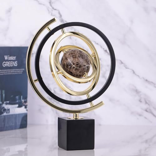 Moderne Skulptur Dekoration Abstrakte Kunst Zimmerdekoration-Drehbarer Metall-Globus-Ornament mit Rechteck-Sockel, Statue für Schreibtisch, Bücherregal und Wohnzimmerschmuck, Schwarz & Gold
