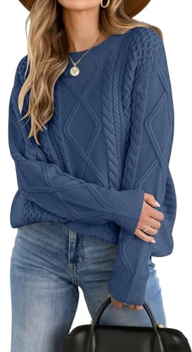 Zeagoo Women's Crewneck Jumpers Casual Cable Knit Sweaters Long Sleeve Pullover Loose Chunky Knitted Jumper Tops Blue XL