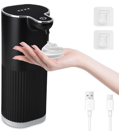 Cuteefun Foaming Soap Dispenser, 350ml Rechargeable Automatic Hand Soap Dispenser, 4 Levels Adjustable, IPX5 Waterproof, Wall Mounted, Touchless Infrared Sensing for Bathroom, Kitchen, Ribbed Black