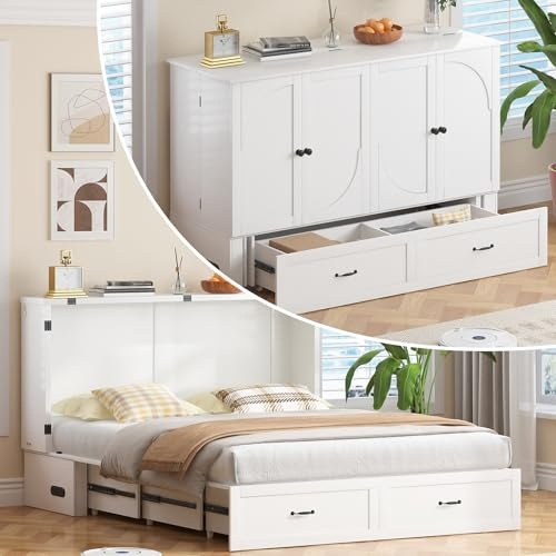 CECER Queen Murphy Bed with Mattress Included，Murphy Cabinet Bed with Storage Drawers，Multi-Functional Murphy Beds Queen with Charging Station for Small Spaces/Guest Room/Bedroom（White）