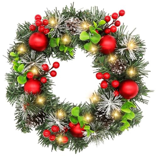 Decoración de Coronas Navideñas, Corona de Navidad con Bayas Rojo y Abetos, Corona Navideña para Puerta de Entrada, Hogar Fiesta Decoración Día Adorno de Pared para Navideñas