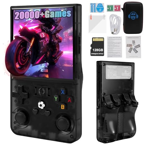 R36MAX - Consola de juegos retro, consola de juegos portátil con pantalla IPS HD de 4,0 pulgadas, 128 GB preinstalada, más de 20.000 juegos retro, sistema Linux de código abierto, 4000 mAh recargable