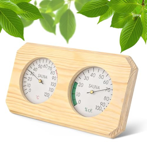 Weciau bastu termometer hygrometer trä 2 i 1, högprecisions bastu tillbehör för mätning av temperatur och fuktighet för ångbad basturum, 26,7 x 14 x 3 cm
