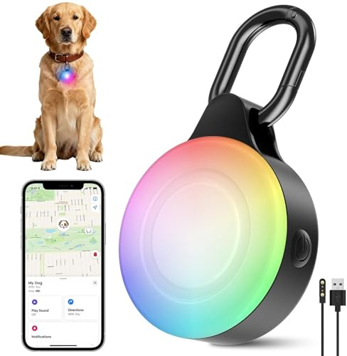 JIARUI Luz para perros con rastreador GPS, luces LED recargables, 6 modos, IP68, resistente al agua, luces LED de seguimiento de mascotas, compatible con Apple Find My, sin suscripción (solo iOS)