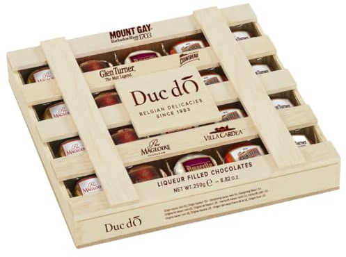 Duc d'O Cioccolatini Assortiti al Liquore, Confezione Regalo in Legno, 250g, Praline Belghe di Alta Qualità