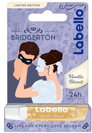Labello Bridgerton Limited Edition Vanilla Biscuit 4.8 g, Balsamo labbra colorato dal design romantico in edizione limitata, Burrocacao labbra lip balm idratante 24h con aroma di Vaniglia