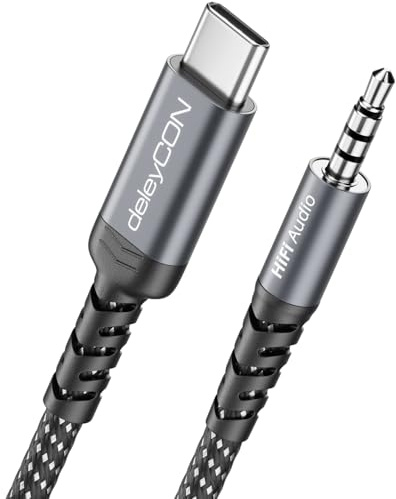 deleyCON 2m Adaptateur Audio USB‑C vers 3,5 mm - Fiche USB Type‑C vers Fiche Jack - pour écouteurs, Haut‑parleurs, Hi‑Fi - Compatible avec iPhone 17/16/15, iPad, Galaxy S25/S24/A16/A56