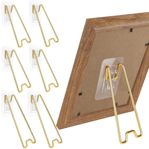 6 Piezas Soporte para Marco de Fotos, 2 Tamaños Ajustables de Acero Inoxidable Autoadhesivo Soporte Marco Fotos para Fotograma y Cuadros, Oro