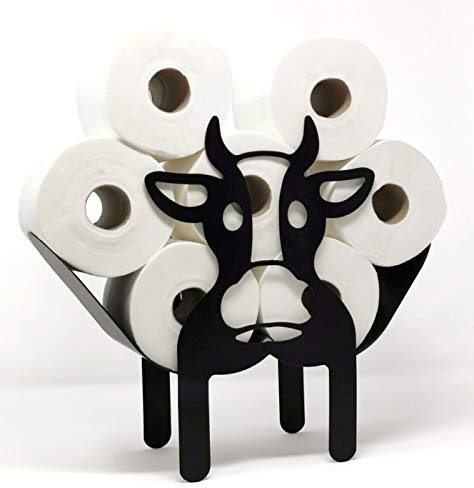 Garden Mile Cow Toilet Roll Holder Free Standing Black Metal Toilet Paper Holder Storage Holds 7 Rolls Novelty Animal Bathroom Decorations Loo Roll Stand Wall Mounted