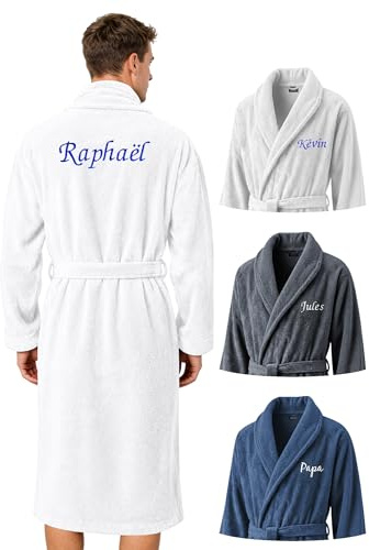 KDO MAGIC Peignoir homme personnalisé - Sortie de bain brodé avec un prénom - Matière éponge - Plusieurs coloris - Idée cadeau homme, fête des pères, anniversaire (M, Blanc)