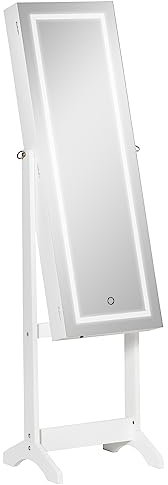 HOMCOM Espejo Joyero con Luces LED, Armario para Joyas, Armario Joyero de Pie con Espejo Entero, Inclinado en 3 Ángulos, Cierre Magnético, Cerradura con 2 Llaves, Blanco
