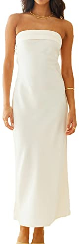 Realtix Satin Silk Backless Tube Tops Maxi Dress for Women Low Back Hollow Out Elegant Strapless Long Dresses Wedding Guest, White, M