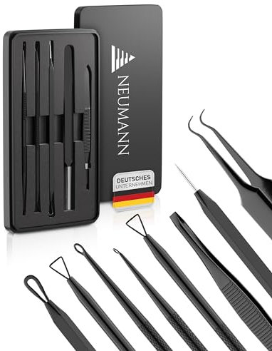 NEUMANN® Set di rimozione punti neri (acciaio inossidabile) per la rimozione di brufoli, blackheads & co. - Spremiagrumi comedoni, sollevatore, remover - vari strumenti: imbracature, pinzette,