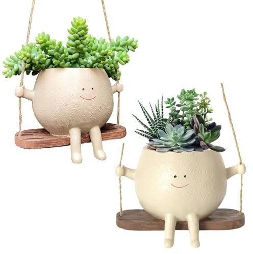 TAOLE Vaso da Fioriera Sospesa, Resina Vasi con Faccia Altalena Sospesi Fioriere Cesto Seagrass ASO di Fiori Succulenti Decorazione da Giardino Idee Regalo Plant per Natale Mamma Insegnante