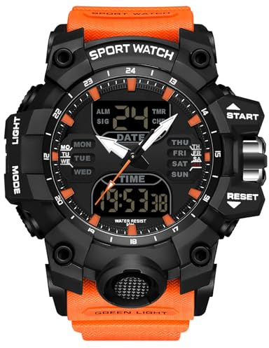 RORIOS Bracelet Militaire Homme Mode Sport Multifonction Électronique Montre Digitale Quartz Double Affichage 50M Étanche Noir Orange