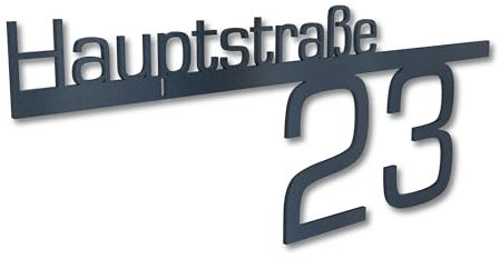 Graviers Design Hausnummernschild pulverbeschichtet in RAL7016 - Straßenname Hausnummer aus lasergeschnittenen Stahl - Straße Nummer personalisiert 300-600 mm Breit - Türschild Design 1
