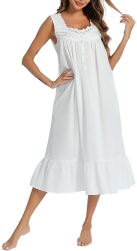 AVIIER 100% Cotton Nightgowns for Women Sleeveless Sleep Dress Ladies Gowns Sleepwear with Pockets (White, Small)