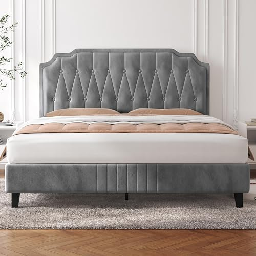 Yaheetech Marco de Cama Tapizada en Terciopelo 140 x 200 cm Gris Claro | Cama de matrimonio con Cabecero Ajustable en Altura Estructura de Metal y Madera 360 kg de Capacidad de Peso Fácil Montaje