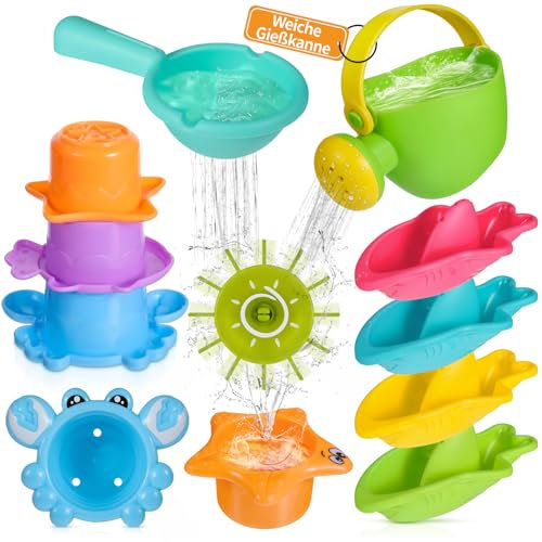 Badespielzeug Baby ab 1 2 3 4 Jahre, Badewannenspielzeug Wasserspielzeug Kinder Schwimmbad Pool Planschbecken Spielzeug Schimmelfreies Badespielsachen Sandspielzeug Gießkanne Stapelbecher - 10 Stück