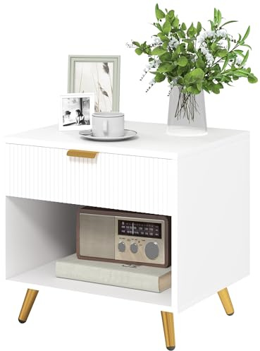 HOMCOM Mesita de Noche Moderna Mesilla de Noche con Cajón Panel Acanalado y Compartimento Abierto para Dormitorio Salón 50x40x47 cm Blanco