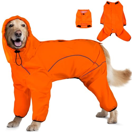 ADNIKIA Dog Raincoat, Waterproof Dog Rain Jacket with Removable Hood，Adjustable 4 Legs Pet Poncho with Leash Hole，Reflective Stripe Hooded Snowproof Windproof Clothes for Small to 3X-Large Dogs, 2XL