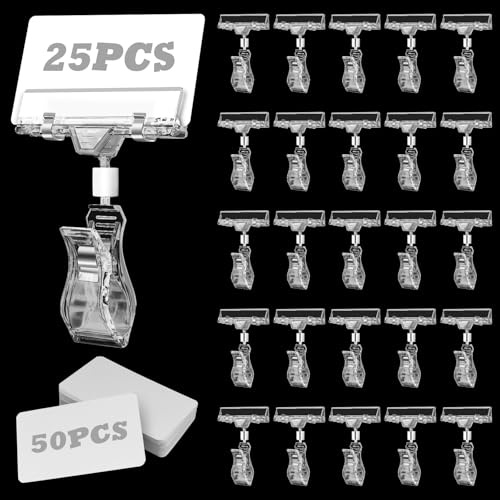 25 Piezas Clips Giratorios para Etiquetas de Plástico con 50 Etiquetas de Precio, Pinza de Precios Transparente, para Exhibición de Precios en Supermercados, Notas y Tarjetas de Visita.